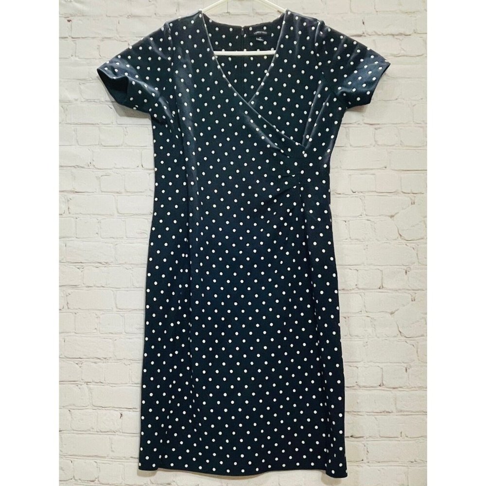 Lands' End Navy Polka Dot Retro Short Sleeve Stretch Unlined V-Neck Zip Dress 12